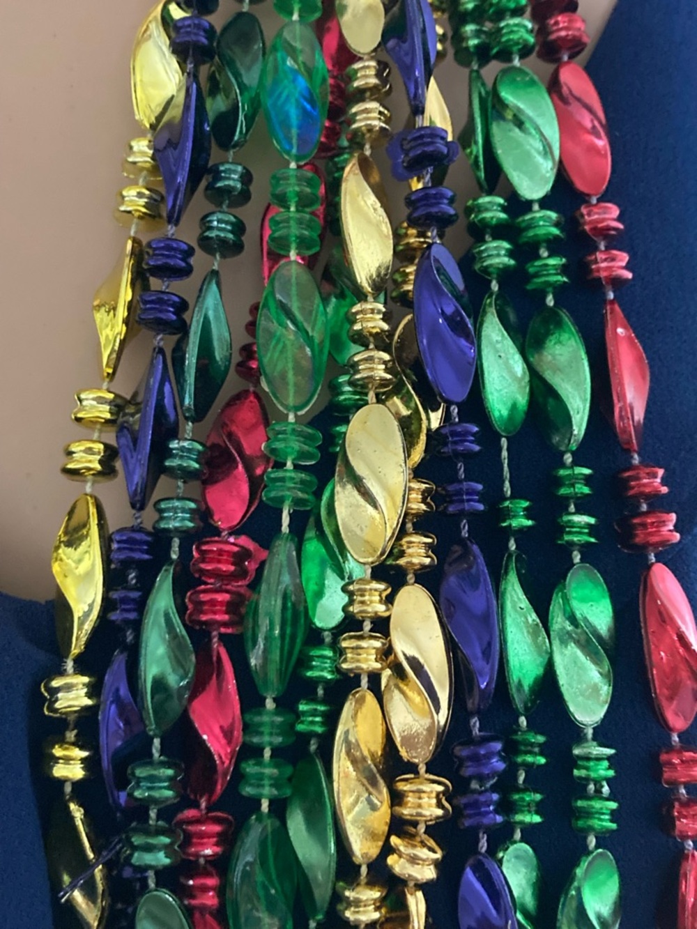12 Pcs Mardi Gras Beaded Necklace in Green, Gold, Navy Blue, & Red